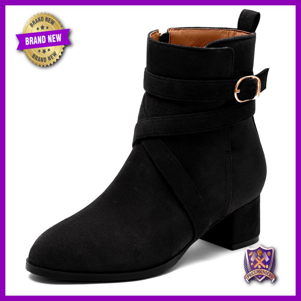 Women's Ankle Boots With Adjustable Buckle Strap, Chunky Low Heel, Round Toe